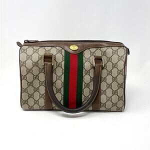 Gucci GG Supreme Monogram Web Vintage Boston Bag Canvas Leather Beige Brown